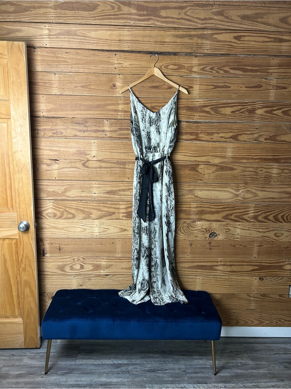 She + Sky Black and Cream Printed Tie-Waist Maxi Dress